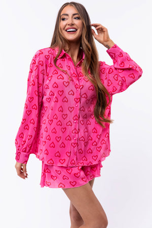 Bubblegum Heart Print Plisse Collared Top