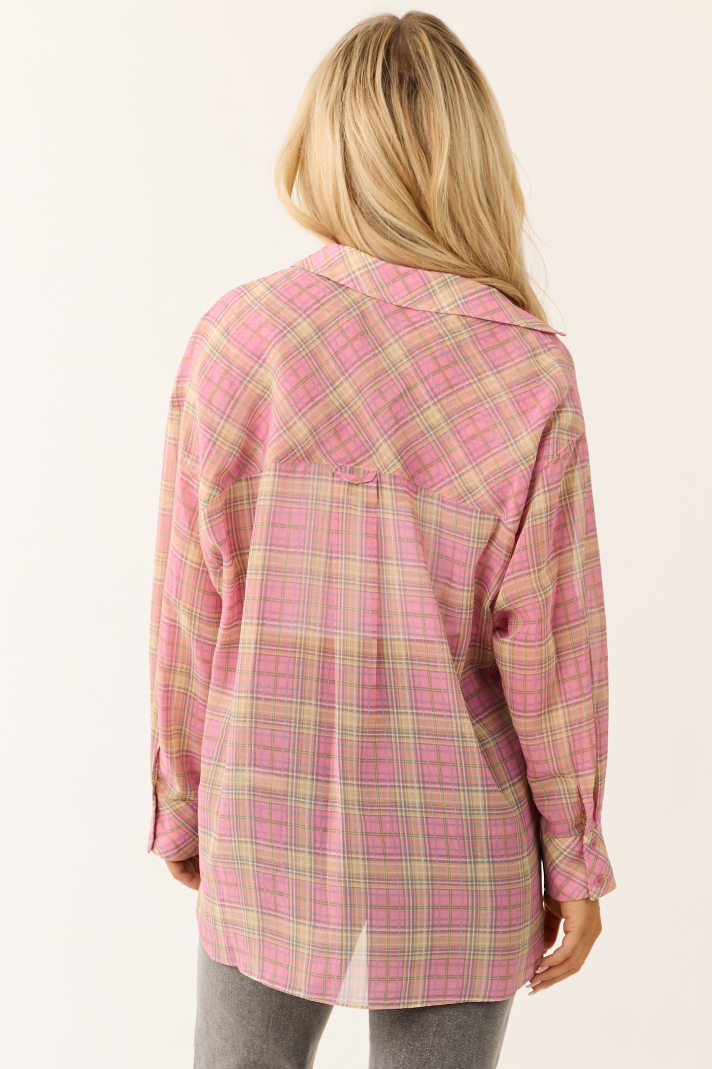 Bubblegum Plaid Long Sleeve Button Up Sheer Top