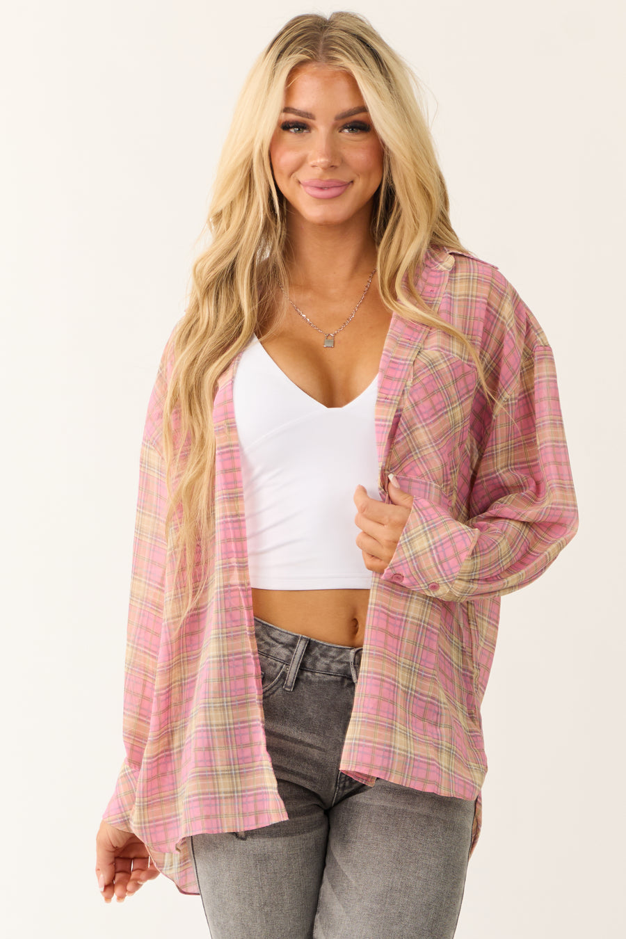 Bubblegum Plaid Long Sleeve Button Up Sheer Top