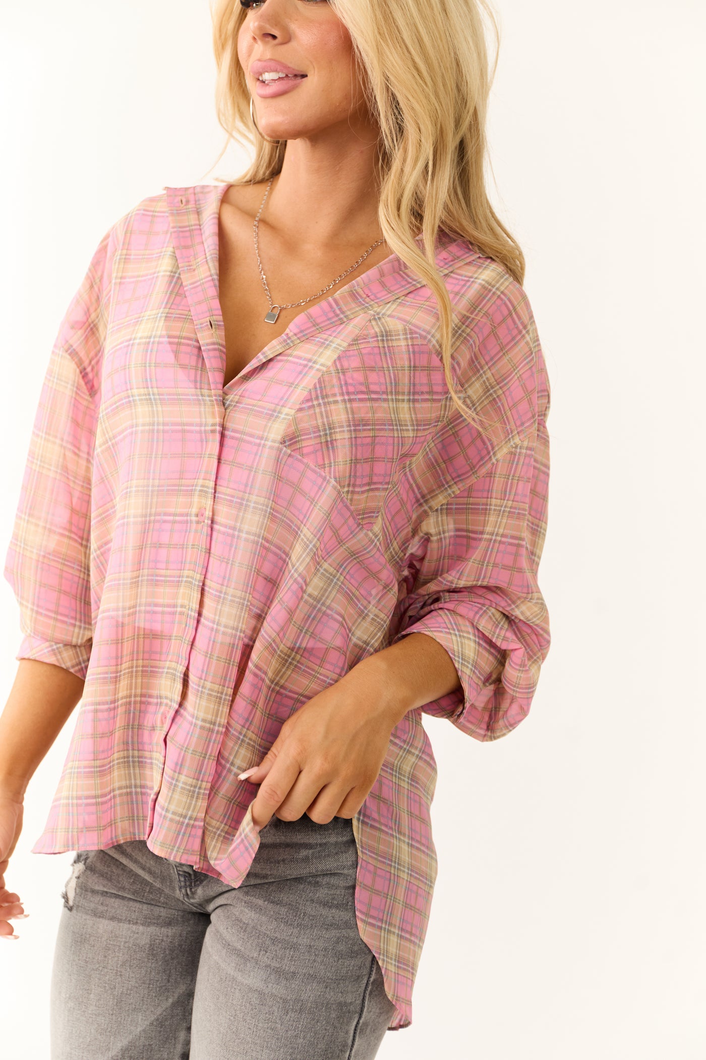 Bubblegum Plaid Long Sleeve Button Up Sheer Top