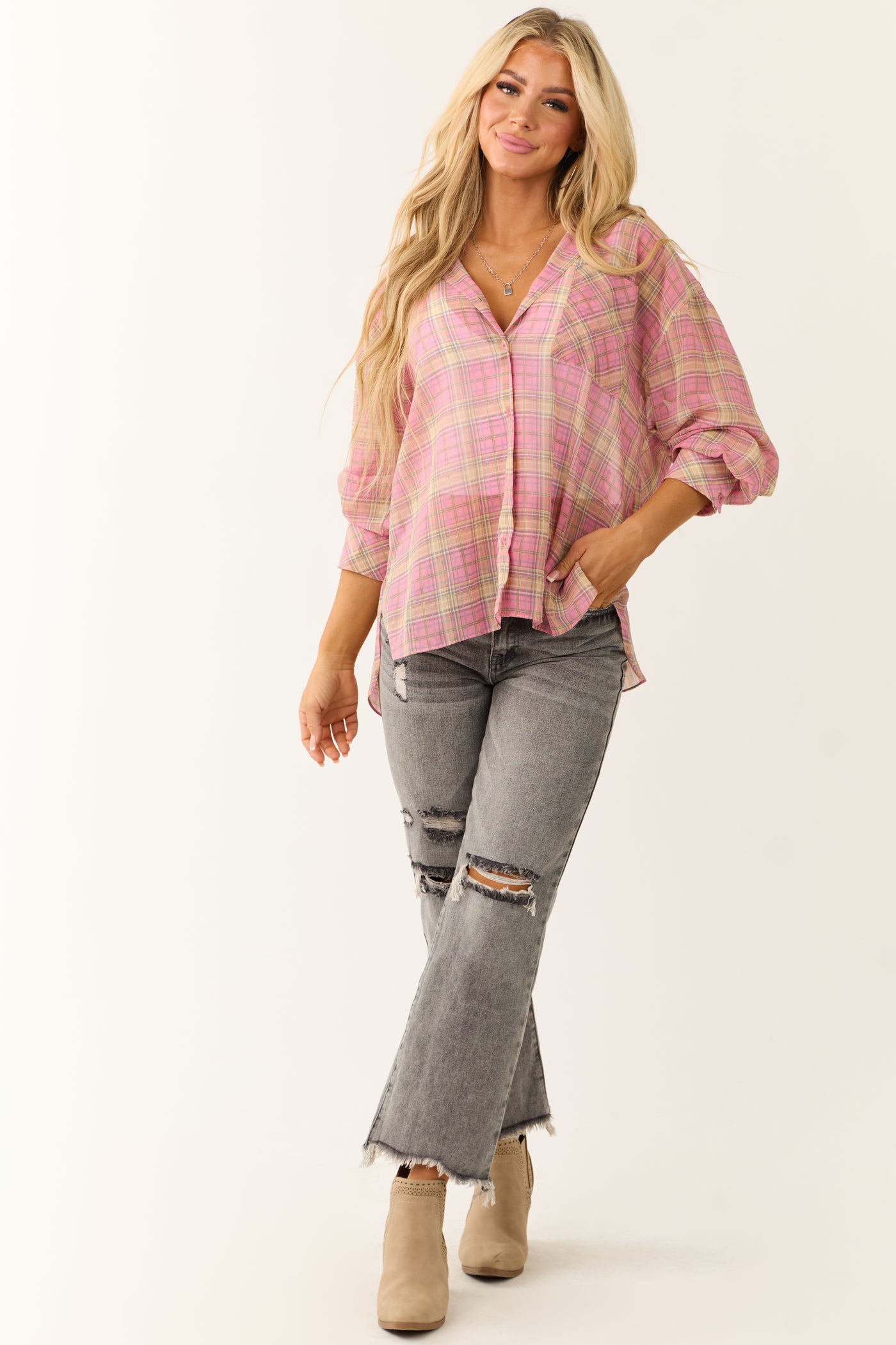 Bubblegum Plaid Long Sleeve Button Up Sheer Top