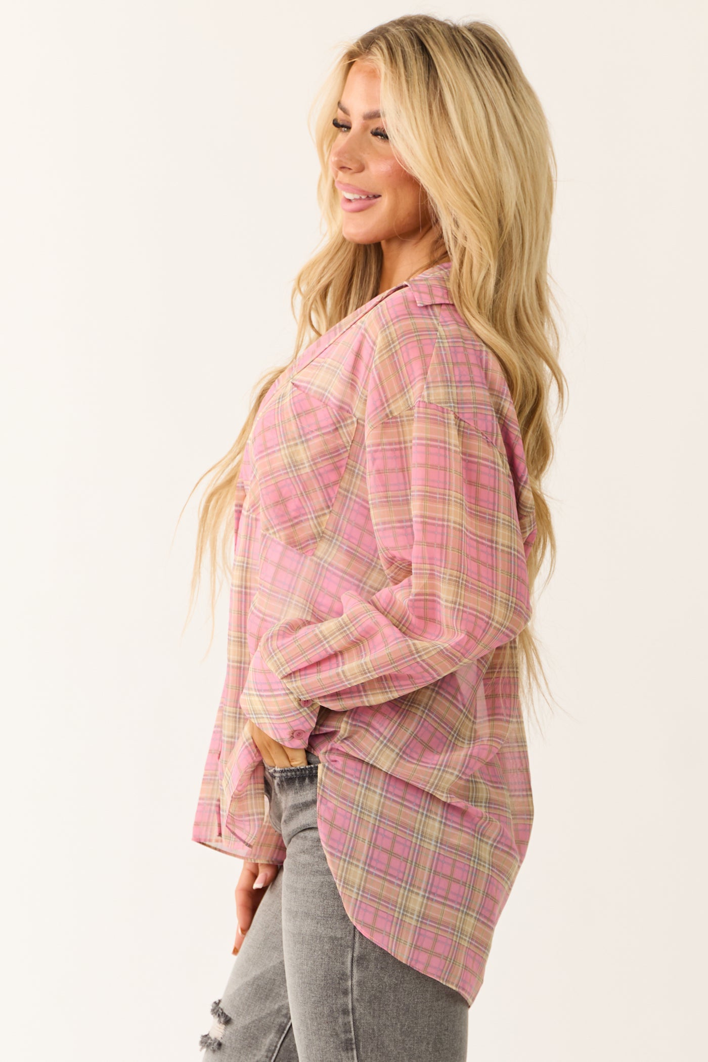 Bubblegum Plaid Long Sleeve Button Up Sheer Top