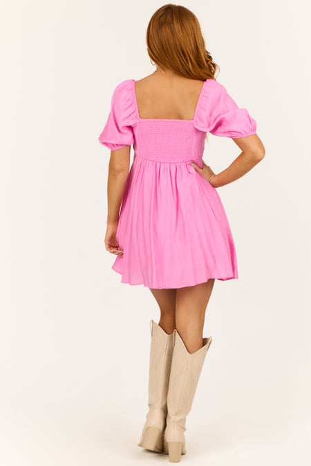 Bubblegum Pleated Square Neck Babydoll Mini Dress