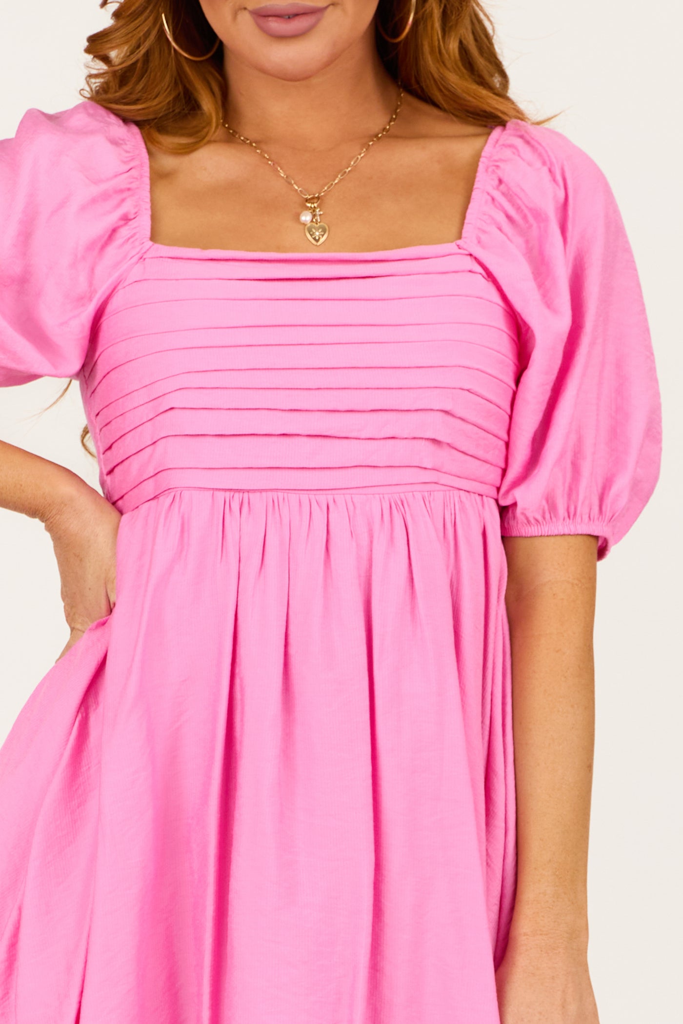 Bubblegum Pleated Square Neck Babydoll Mini Dress