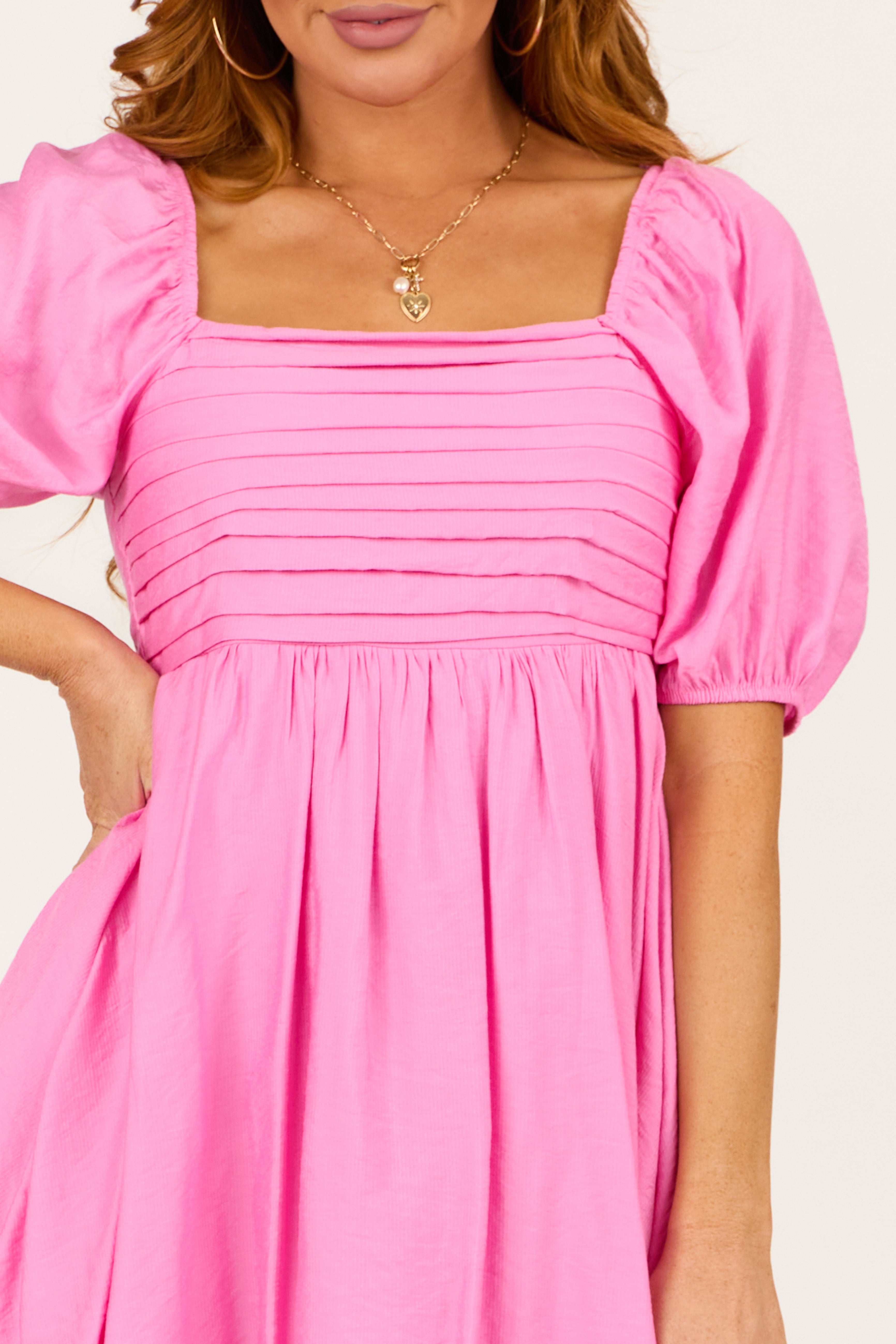 Bubblegum Pleated Square Neck Babydoll Mini Dress