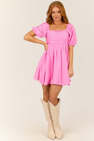 Bubblegum Pleated Square Neck Babydoll Mini Dress