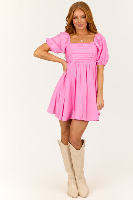 Bubblegum Pleated Square Neck Babydoll Mini Dress