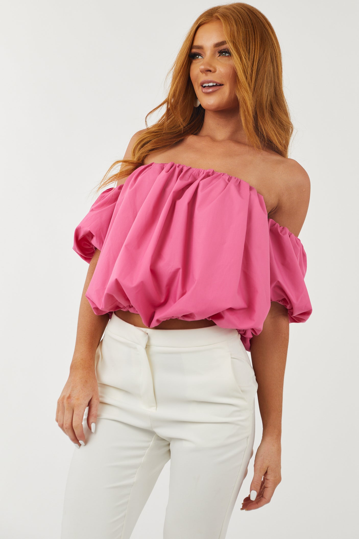 Bubblegum Puff Off the Shoulder Cropped Blouse