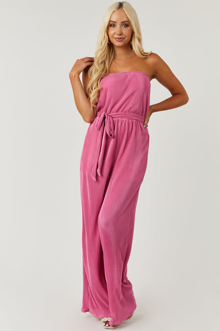 Bubblegum Strapless Wide Leg Plisse Jumpsuit