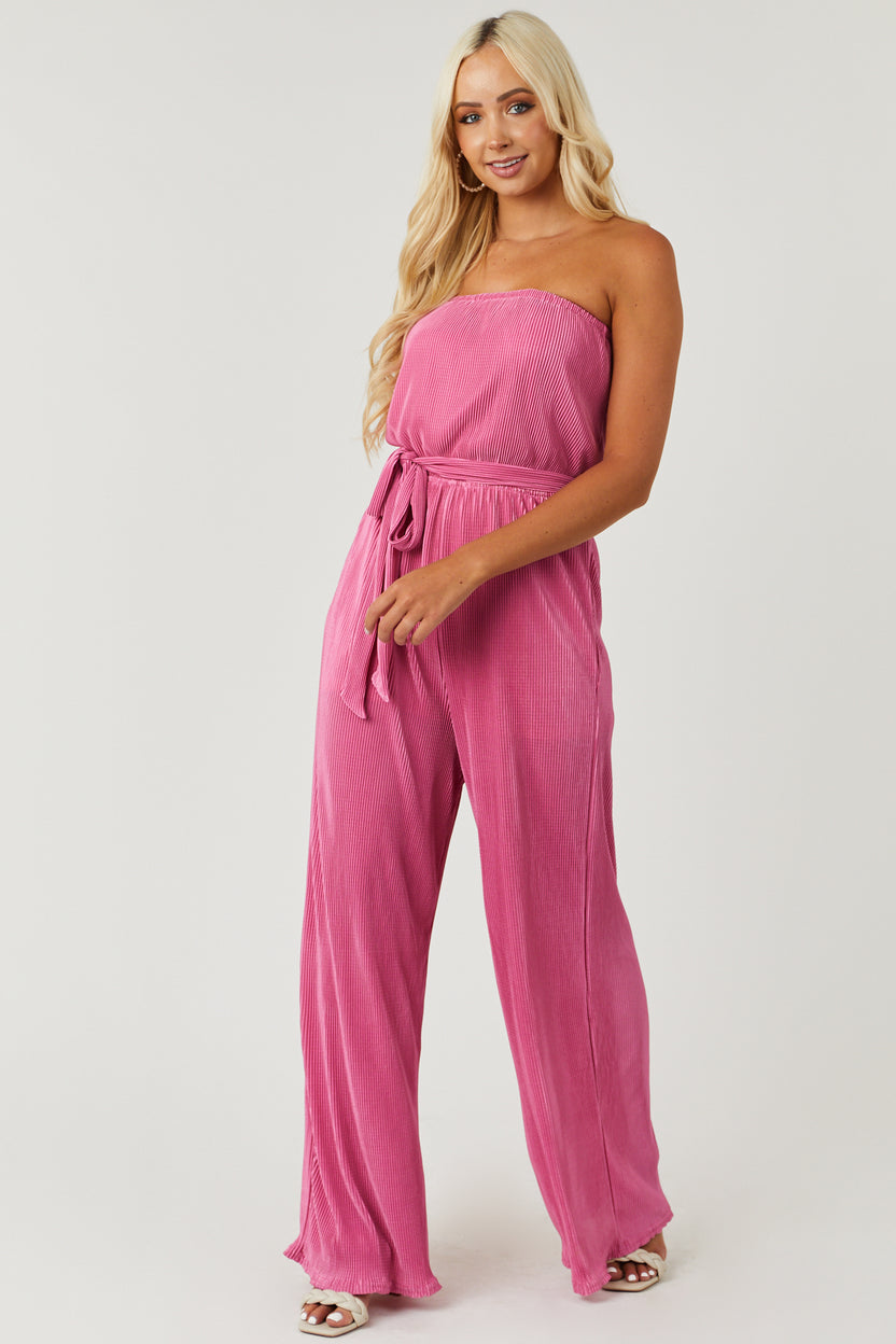 Bubblegum Strapless Wide Leg Plisse Jumpsuit