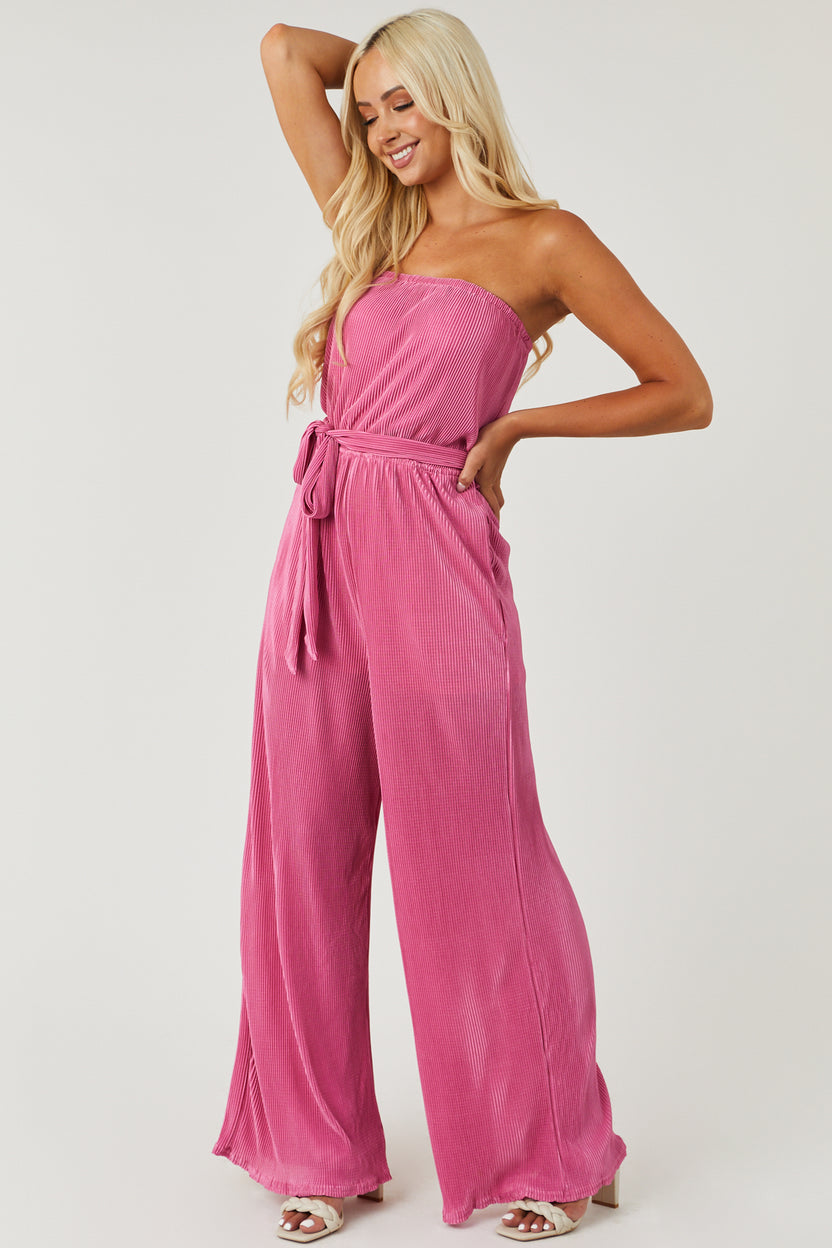 Bubblegum Strapless Wide Leg Plisse Jumpsuit