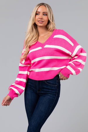 Bubblegum Striped V Neck Bubble Sleeve Sweater