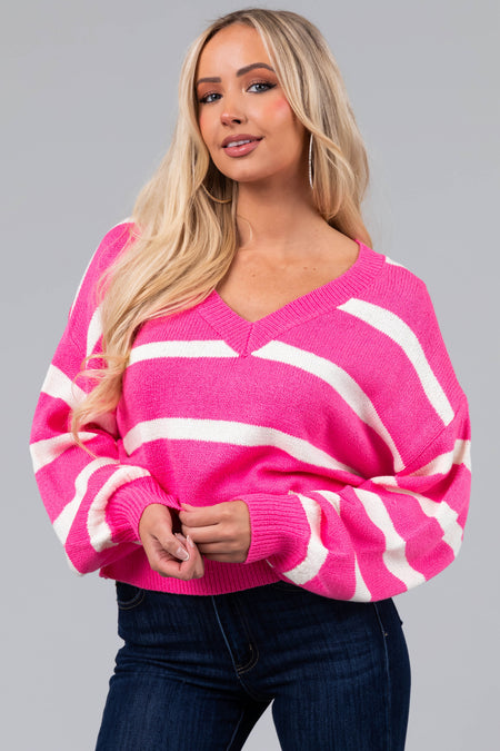 Bubblegum Striped V Neck Bubble Sleeve Sweater