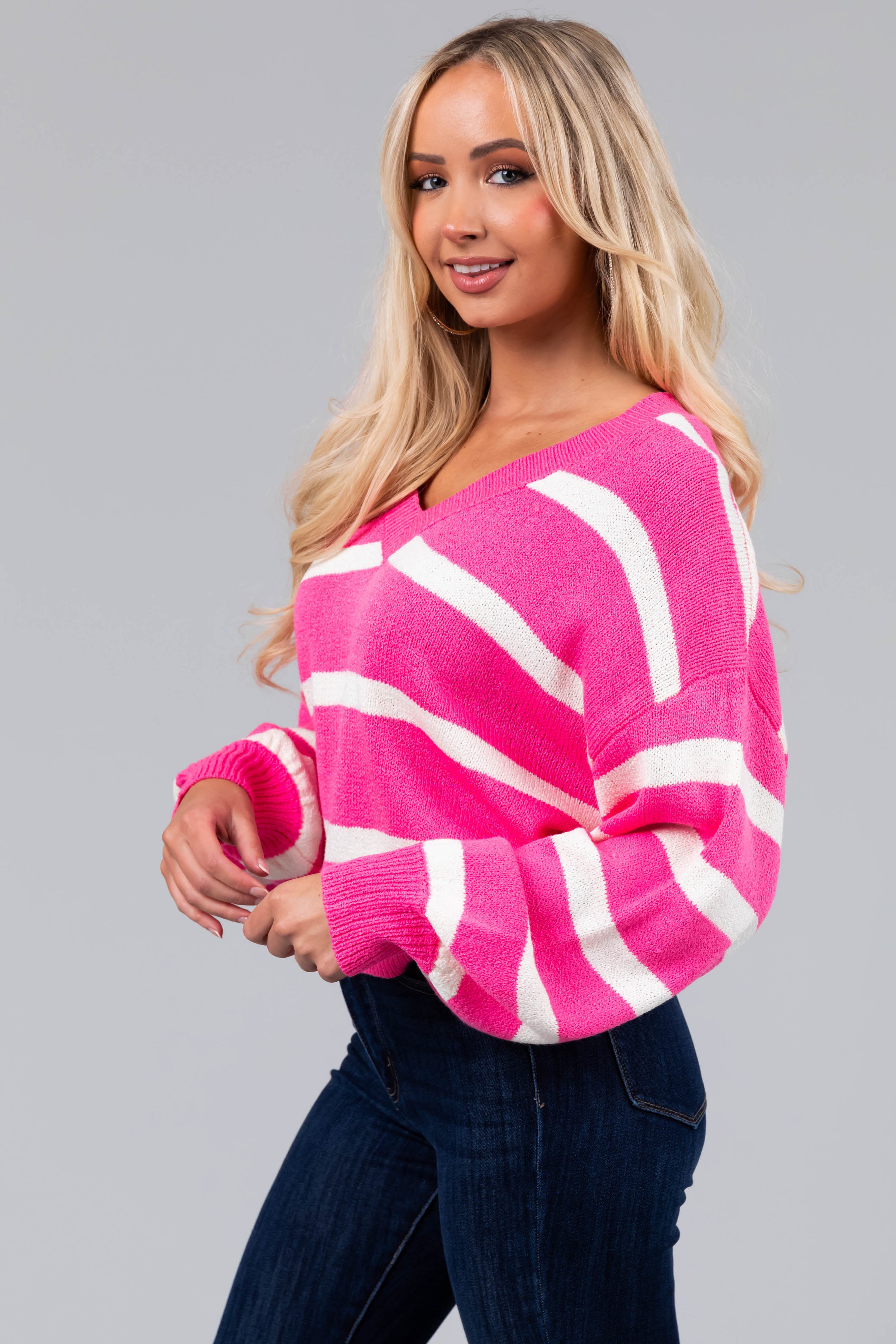 Bubblegum Striped V Neck Bubble Sleeve Sweater