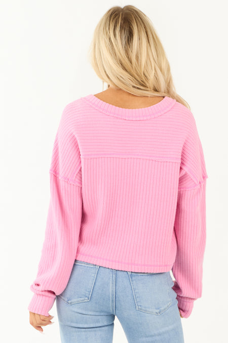 Bubblegum V Neck Exposed Seam Ribbed Sweater