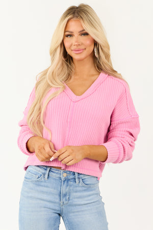 Bubblegum V Neck Exposed Seam Ribbed Sweater