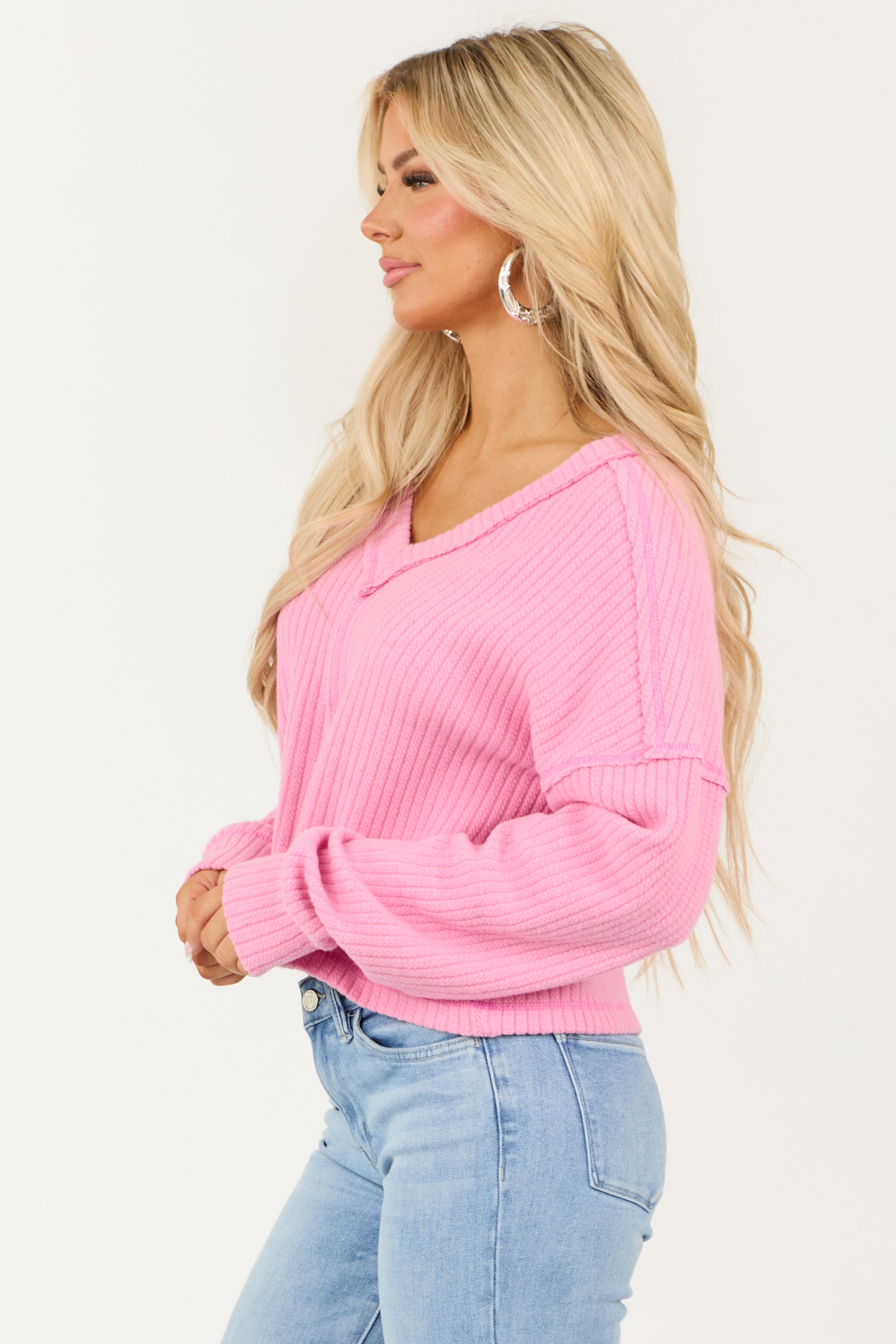 Bubblegum V Neck Exposed Seam Ribbed Sweater