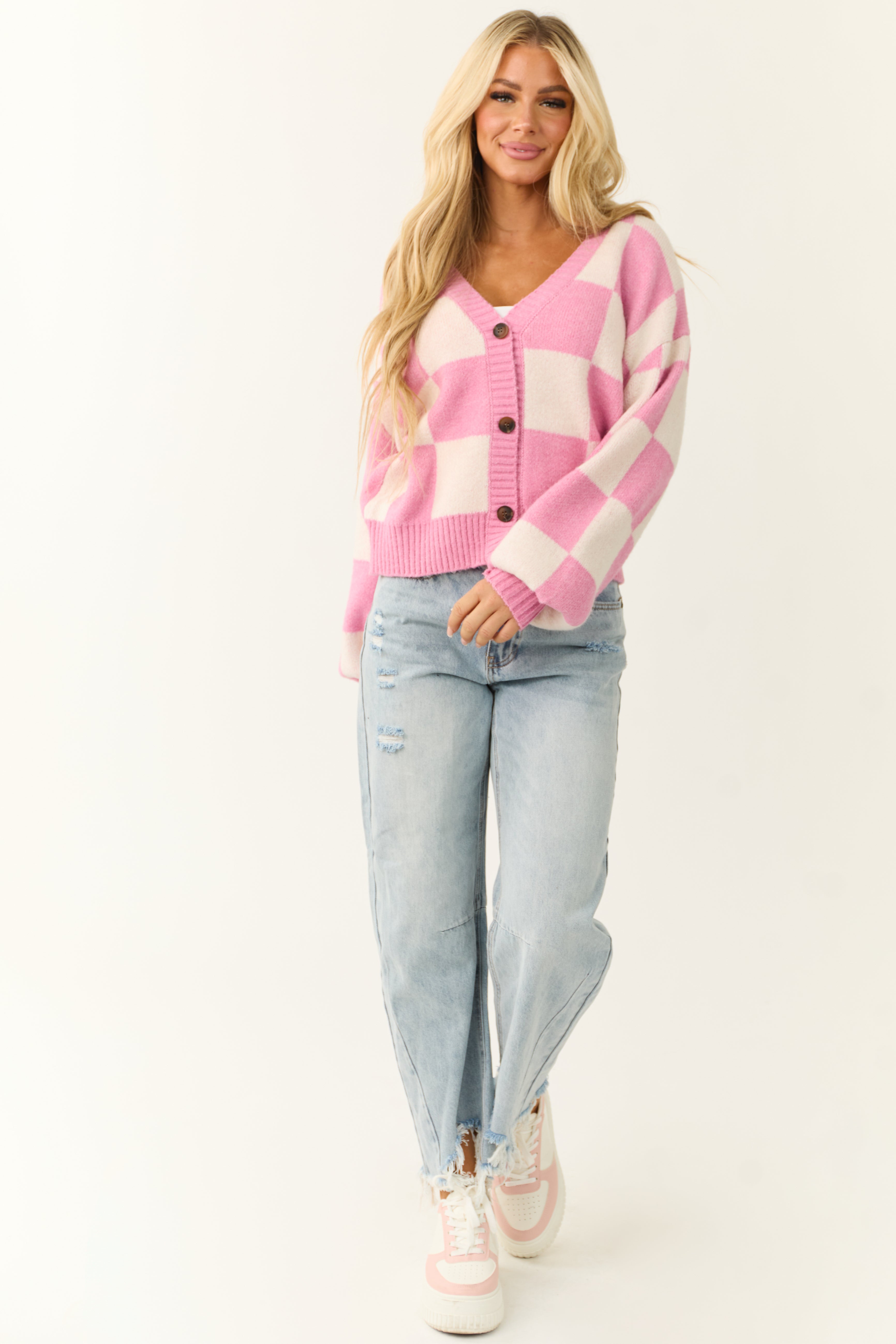 Bubblegum and Cream Checkered Print Cardigan