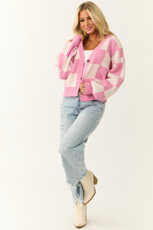 Bubblegum and Cream Checkered Print Cardigan