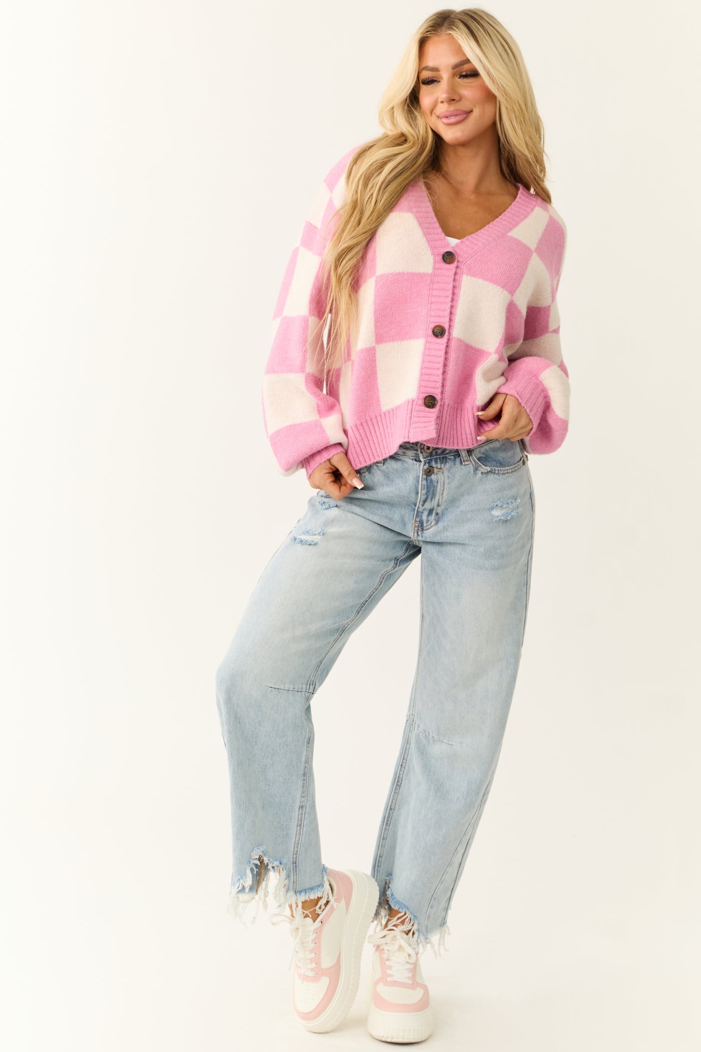 Bubblegum and Cream Checkered Print Cardigan