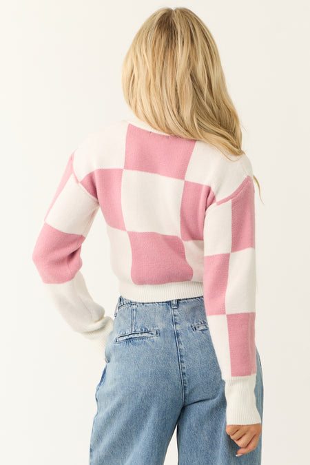 Bubblegum and Ivory Checkered Crop Sweater