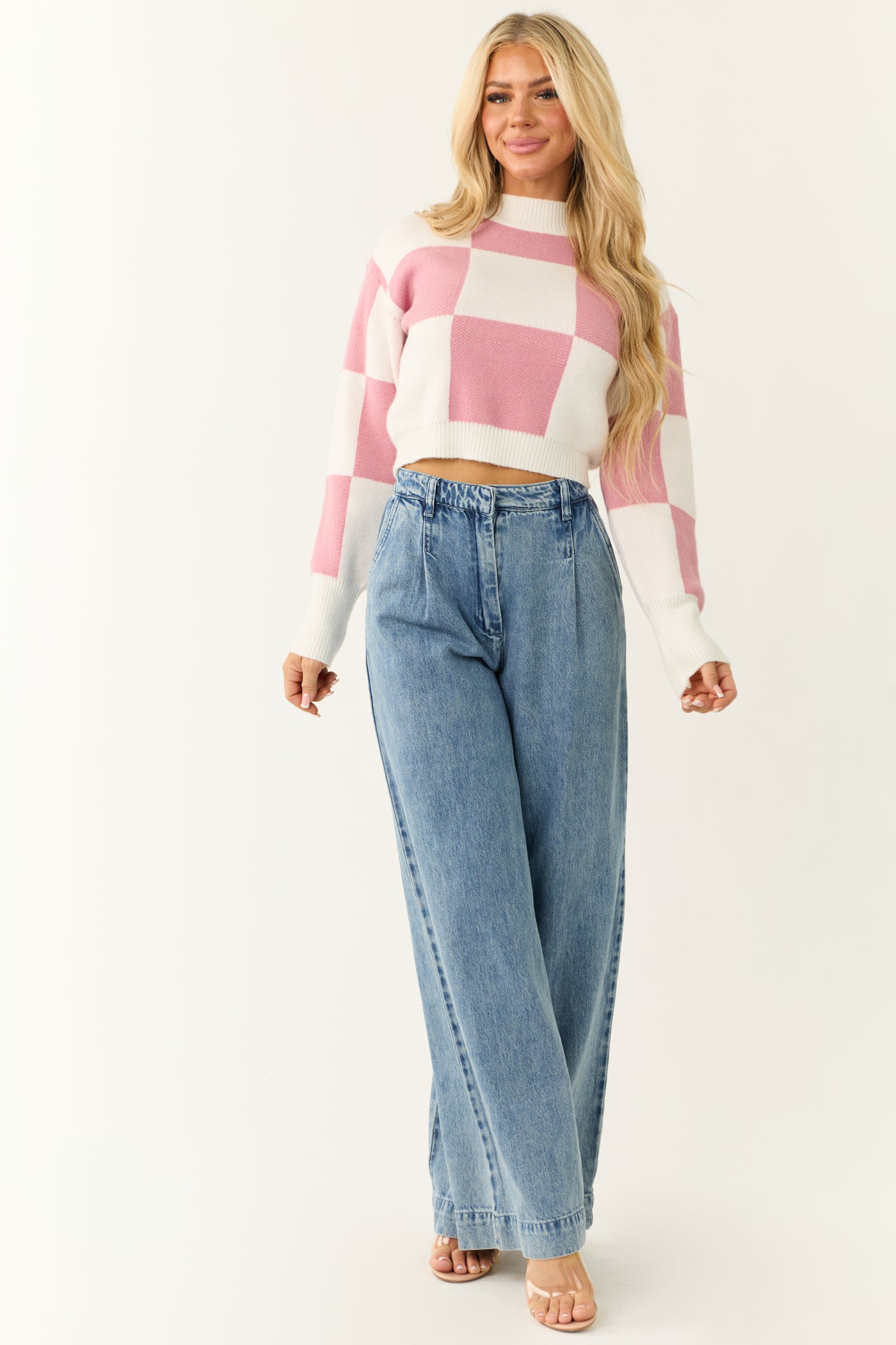 Bubblegum and Ivory Checkered Crop Sweater