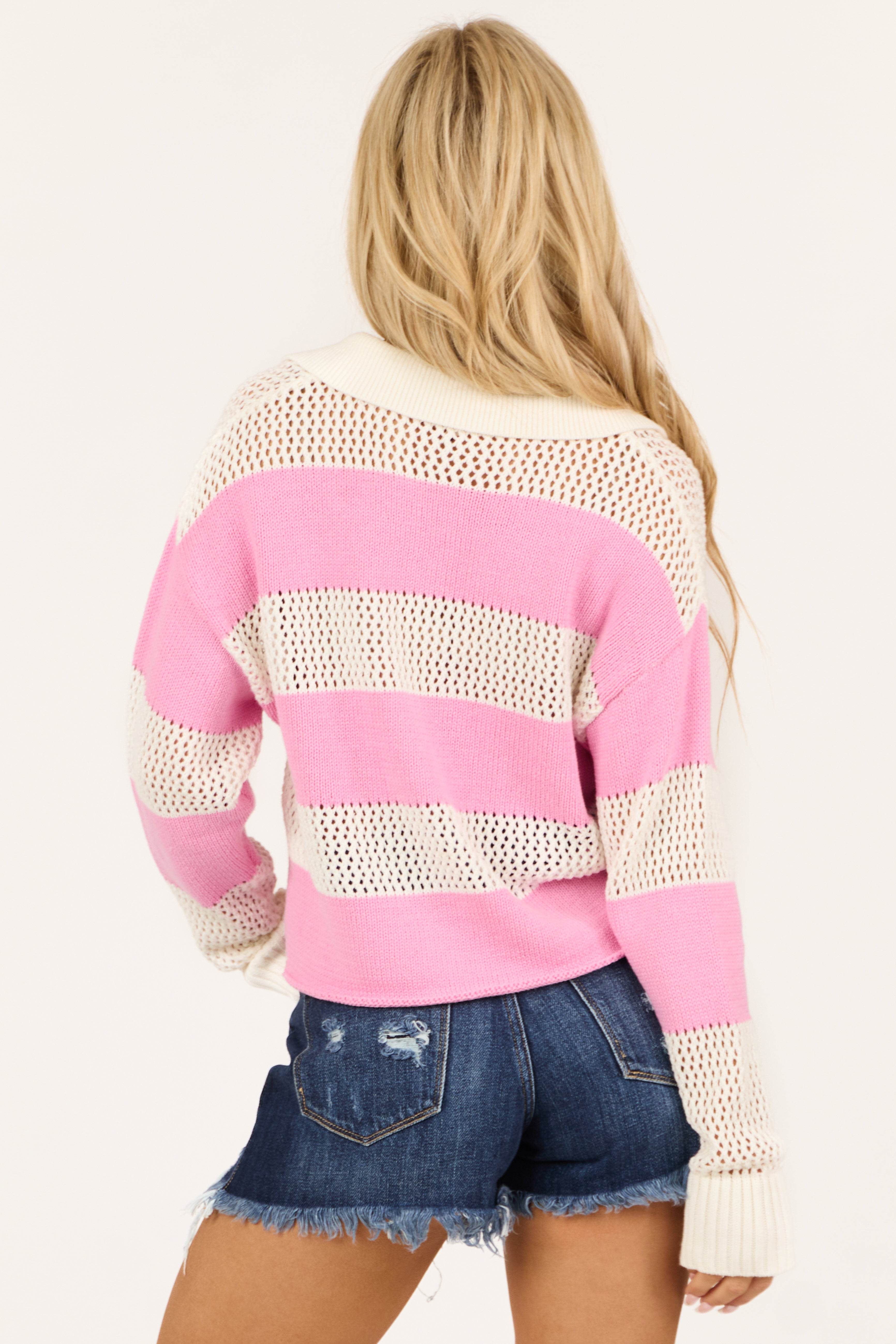 Bubblegum and Ivory Wide Stripe Rugby Sweater