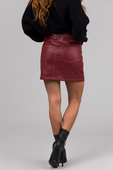 Burgundy Contrast Stitch Pleather Mini Skirt