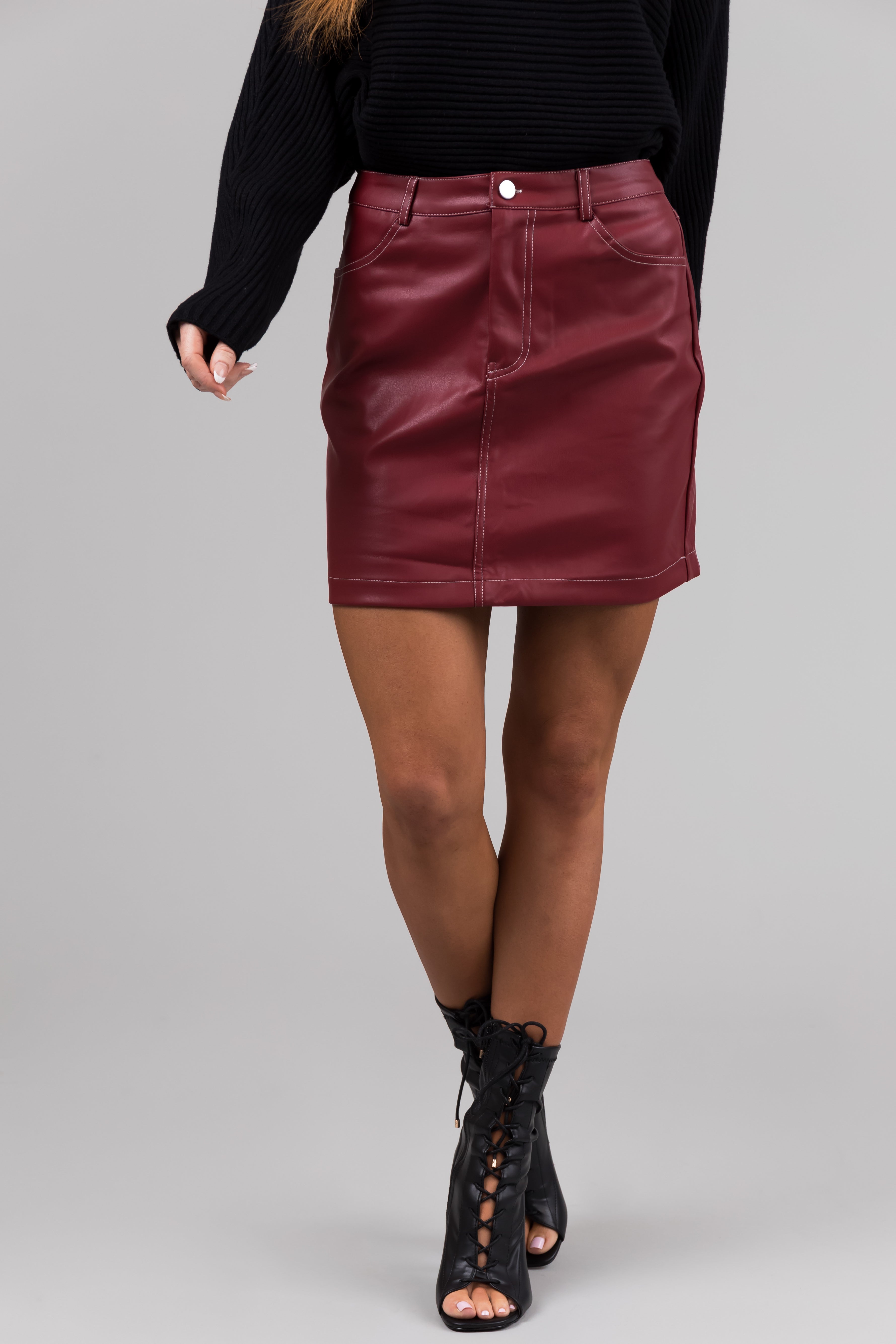 Burgundy Contrast Stitch Pleather Mini Skirt Lime Lush Boutique