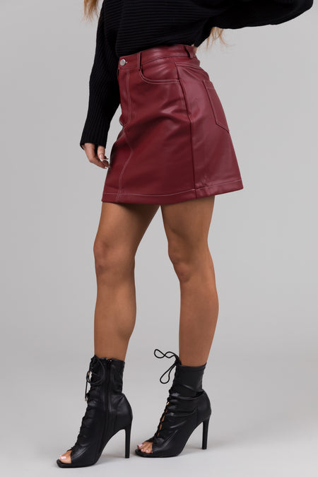 Burgundy Contrast Stitch Pleather Mini Skirt