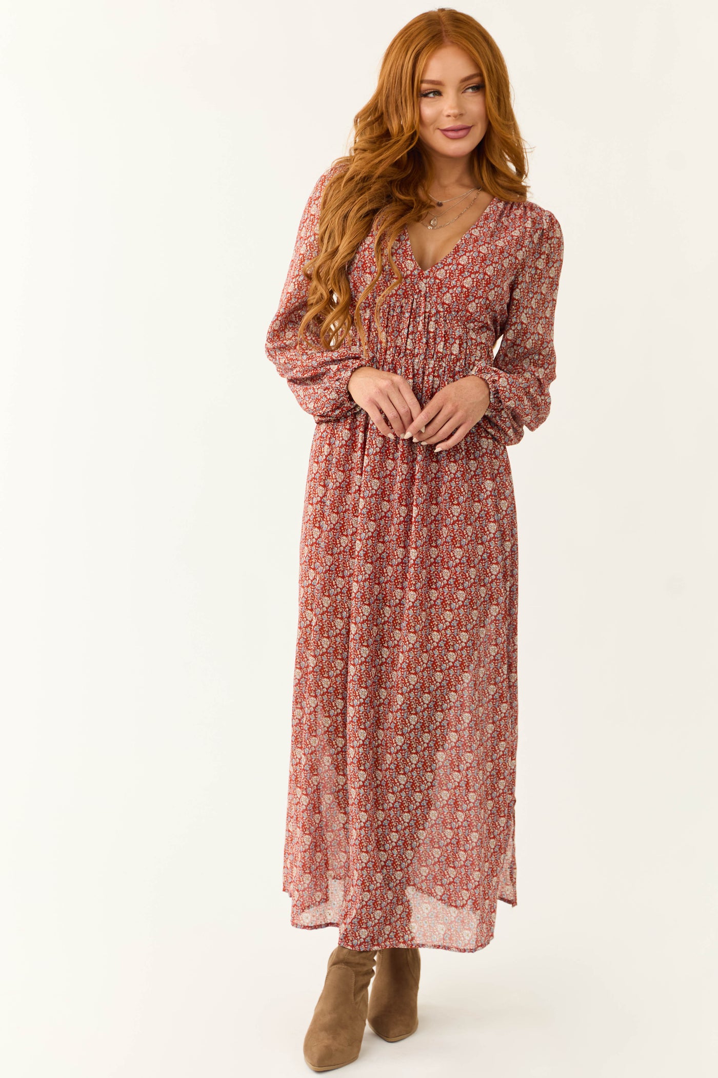 Burgundy Ditsy Floral Print Maxi Dress