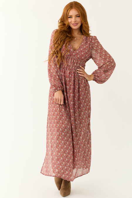 Burgundy Ditsy Floral Print Maxi Dress