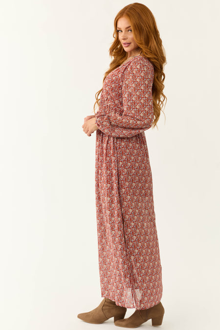 Burgundy Ditsy Floral Print Maxi Dress