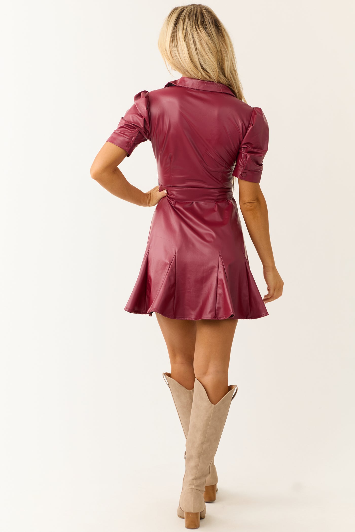 Burgundy Faux Leather Button Up Short Dress