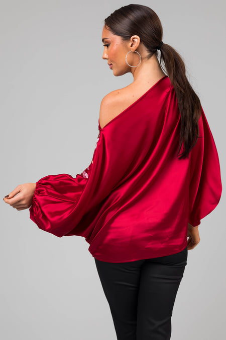 Burgundy Floral Embroidery Satin Blouse