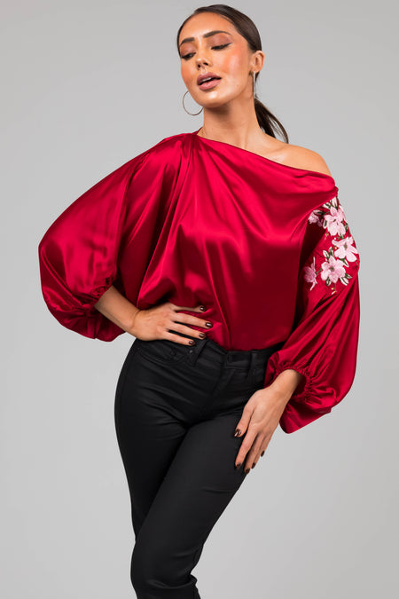 Burgundy Floral Embroidery Satin Blouse