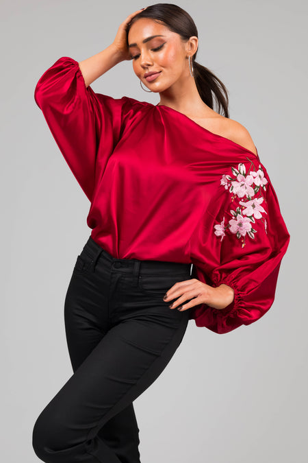 Burgundy Floral Embroidery Satin Blouse