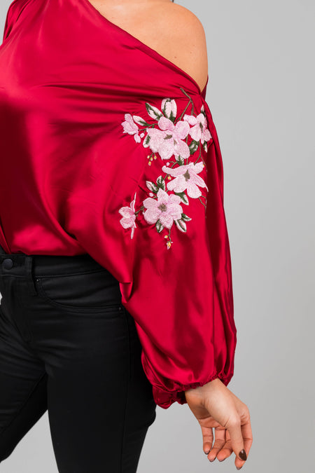 Burgundy Floral Embroidery Satin Blouse