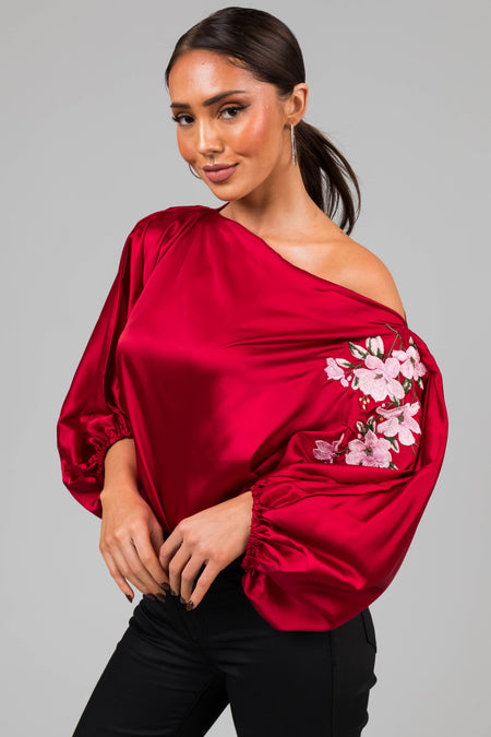 Burgundy Floral Embroidery Satin Blouse