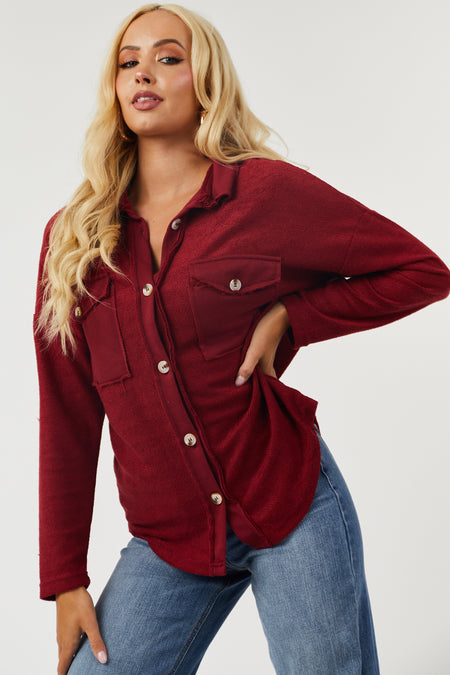 Burgundy French Terry Relaxed Shirt Jacket