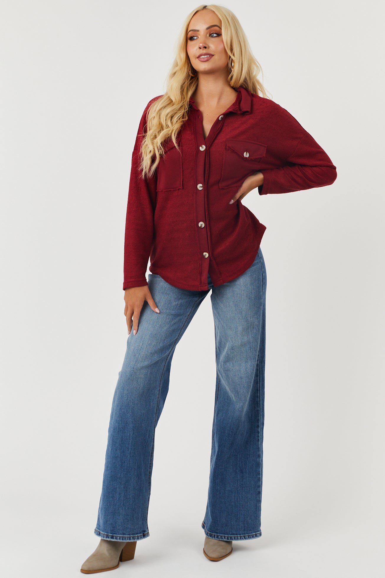 Burgundy French Terry Relaxed Shirt Jacket