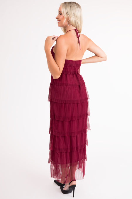 Burgundy Halter Tiered Pleated Tulle Midi Dress