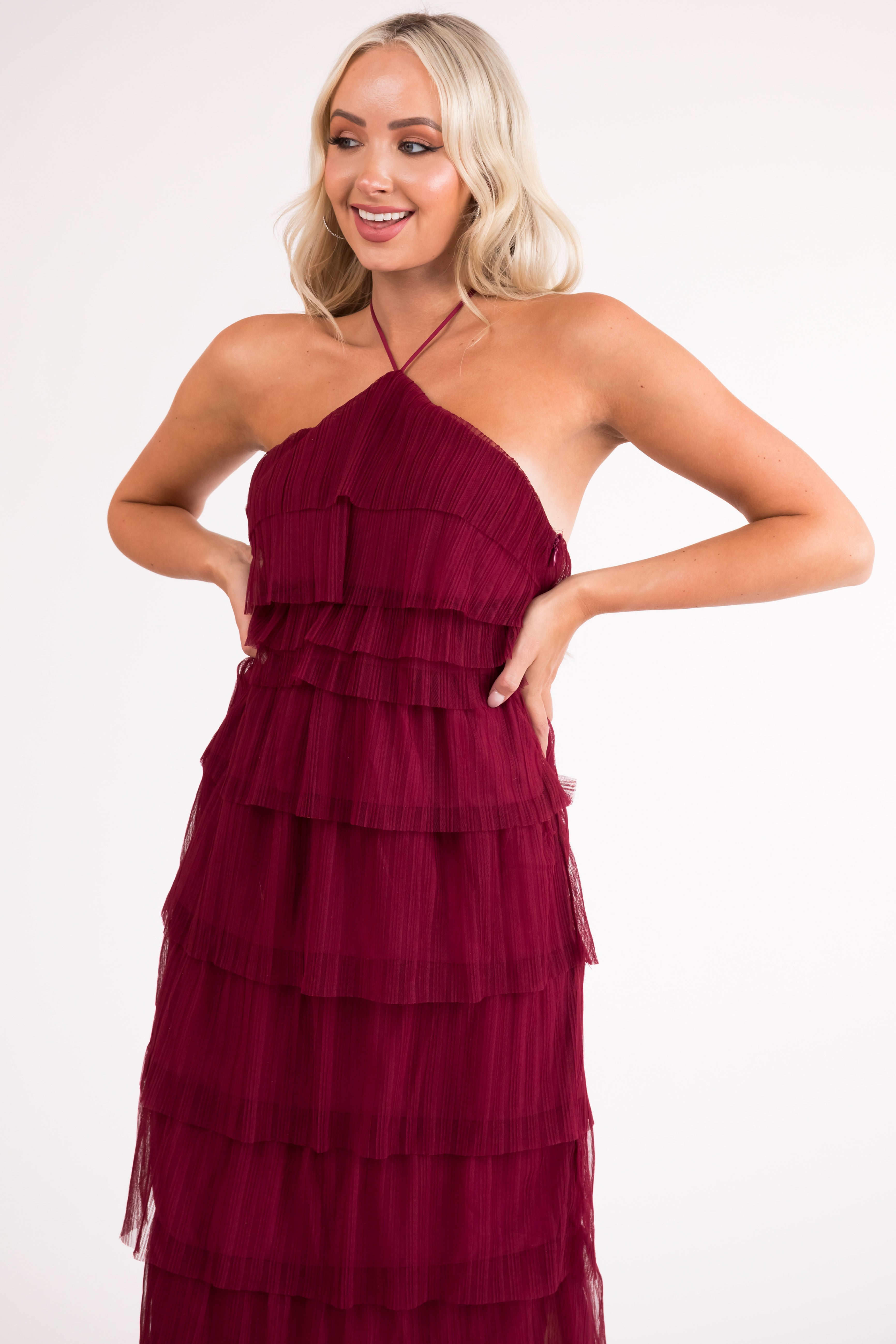 Burgundy Halter Tiered Pleated Tulle Midi Dress