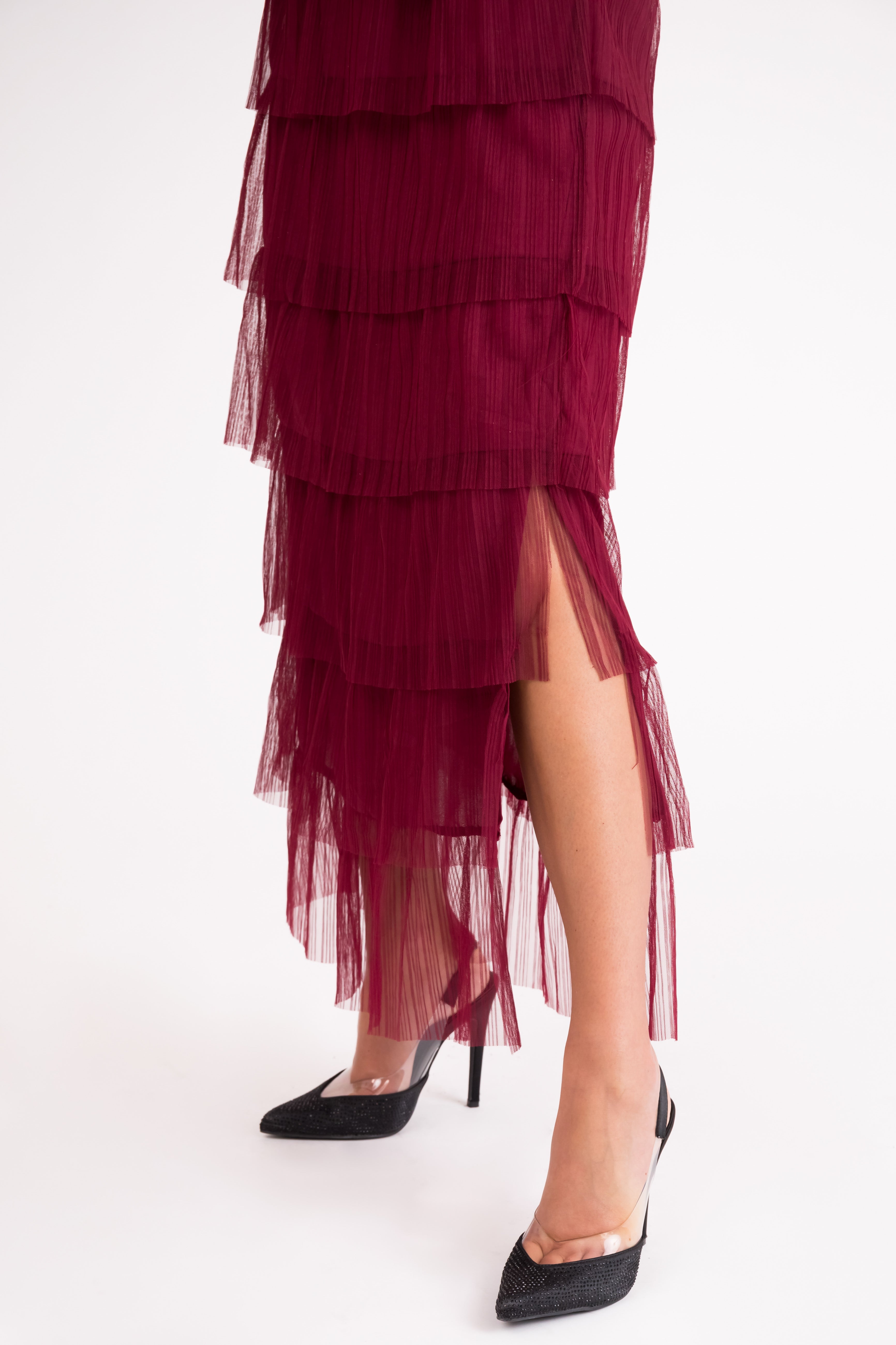 Burgundy Halter Tiered Pleated Tulle Midi Dress