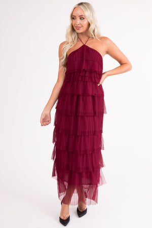 Burgundy Halter Tiered Pleated Tulle Midi Dress