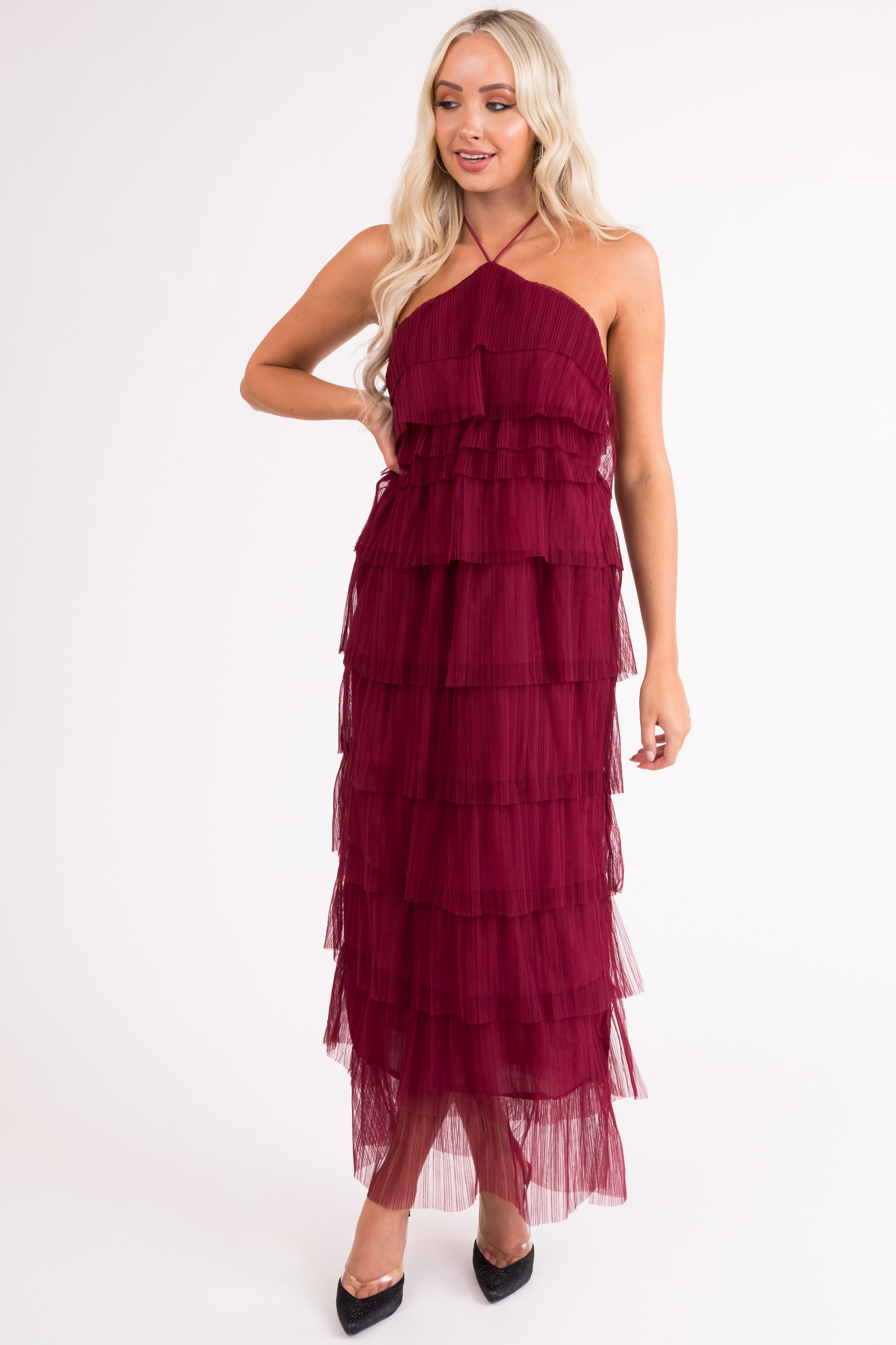 Burgundy Halter Tiered Pleated Tulle Midi Dress