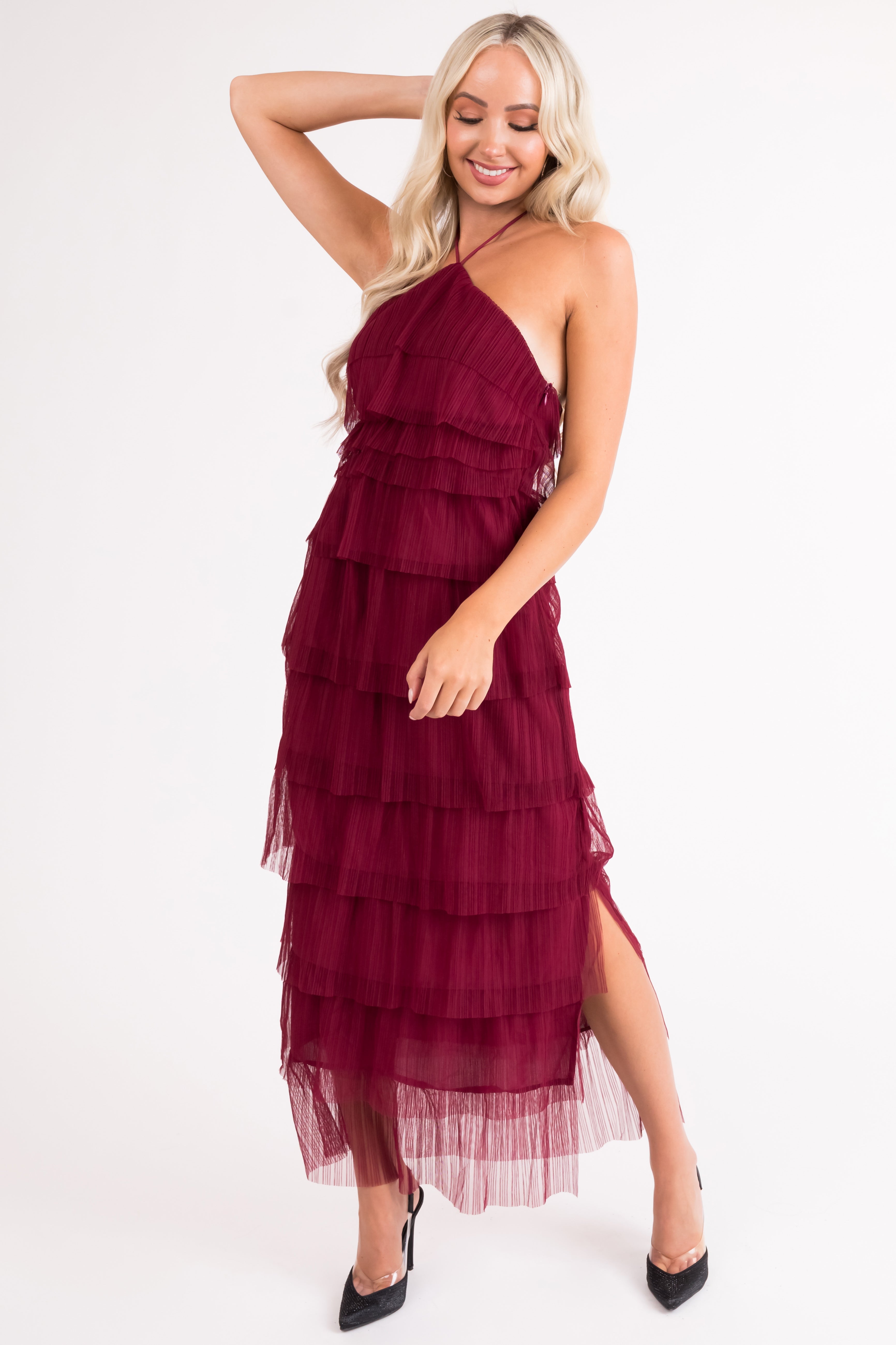 Burgundy Halter Tiered Pleated Tulle Midi Dress