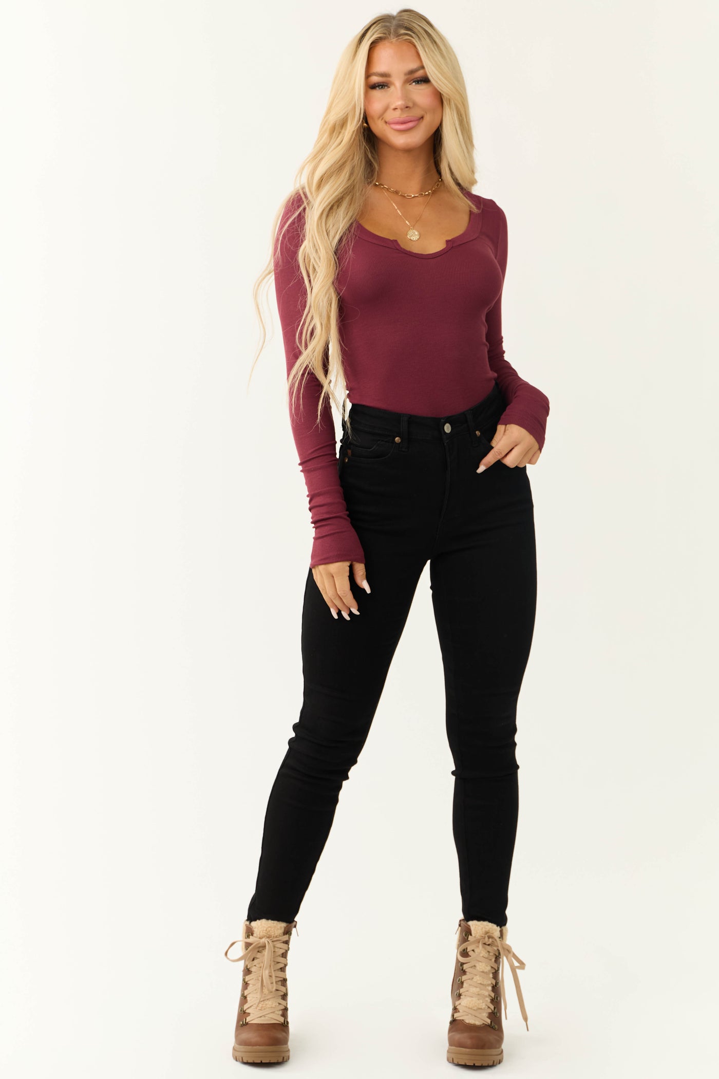 Burgundy Henley Fitted Long Sleeve Top