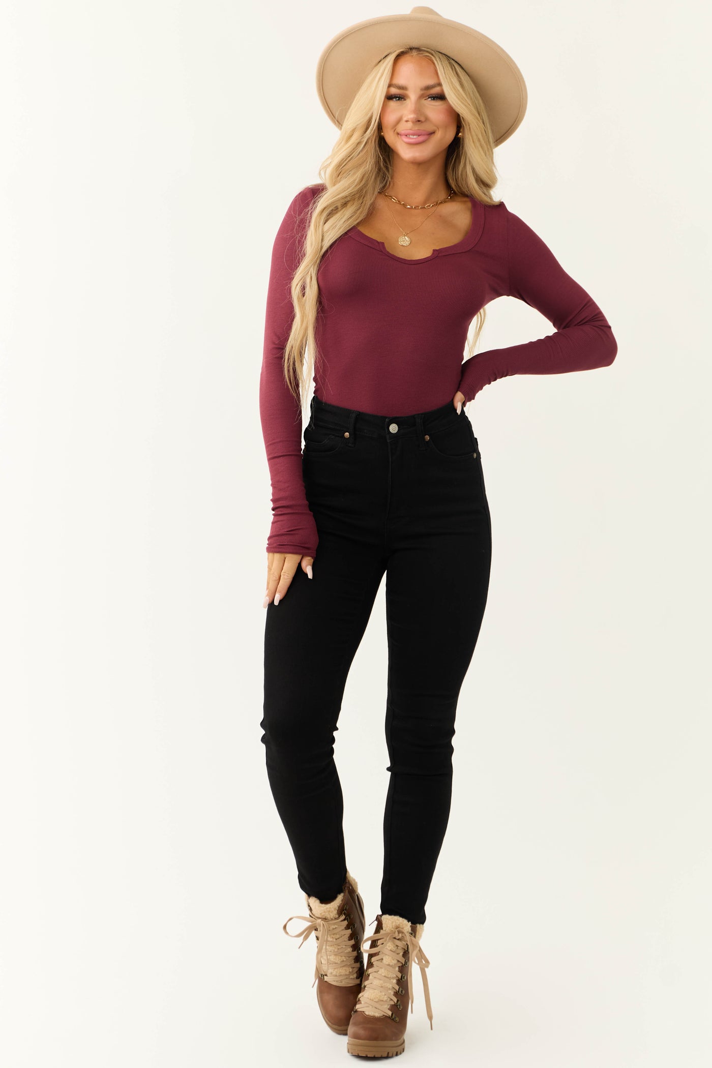 Burgundy Henley Fitted Long Sleeve Top