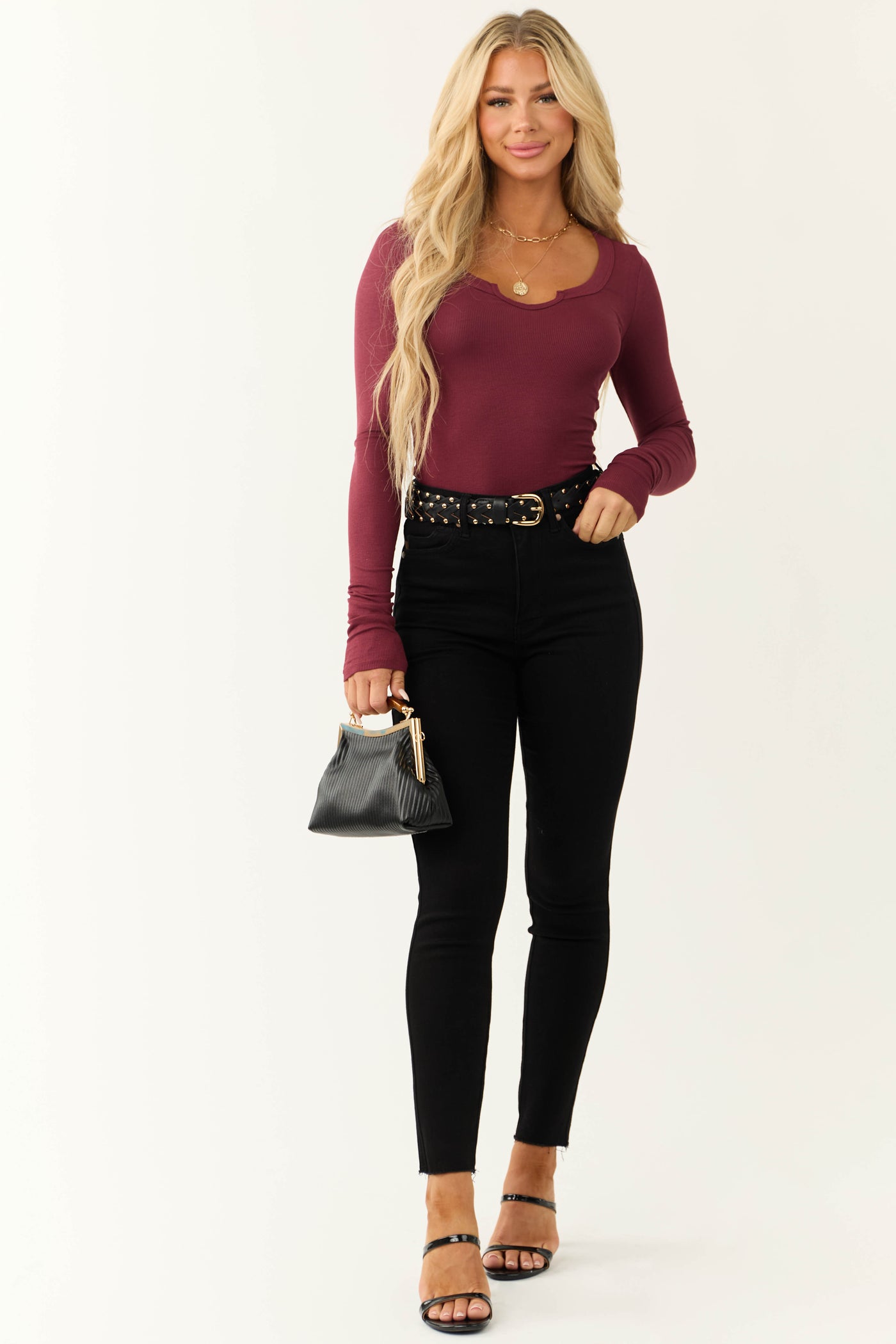 Burgundy Henley Fitted Long Sleeve Top